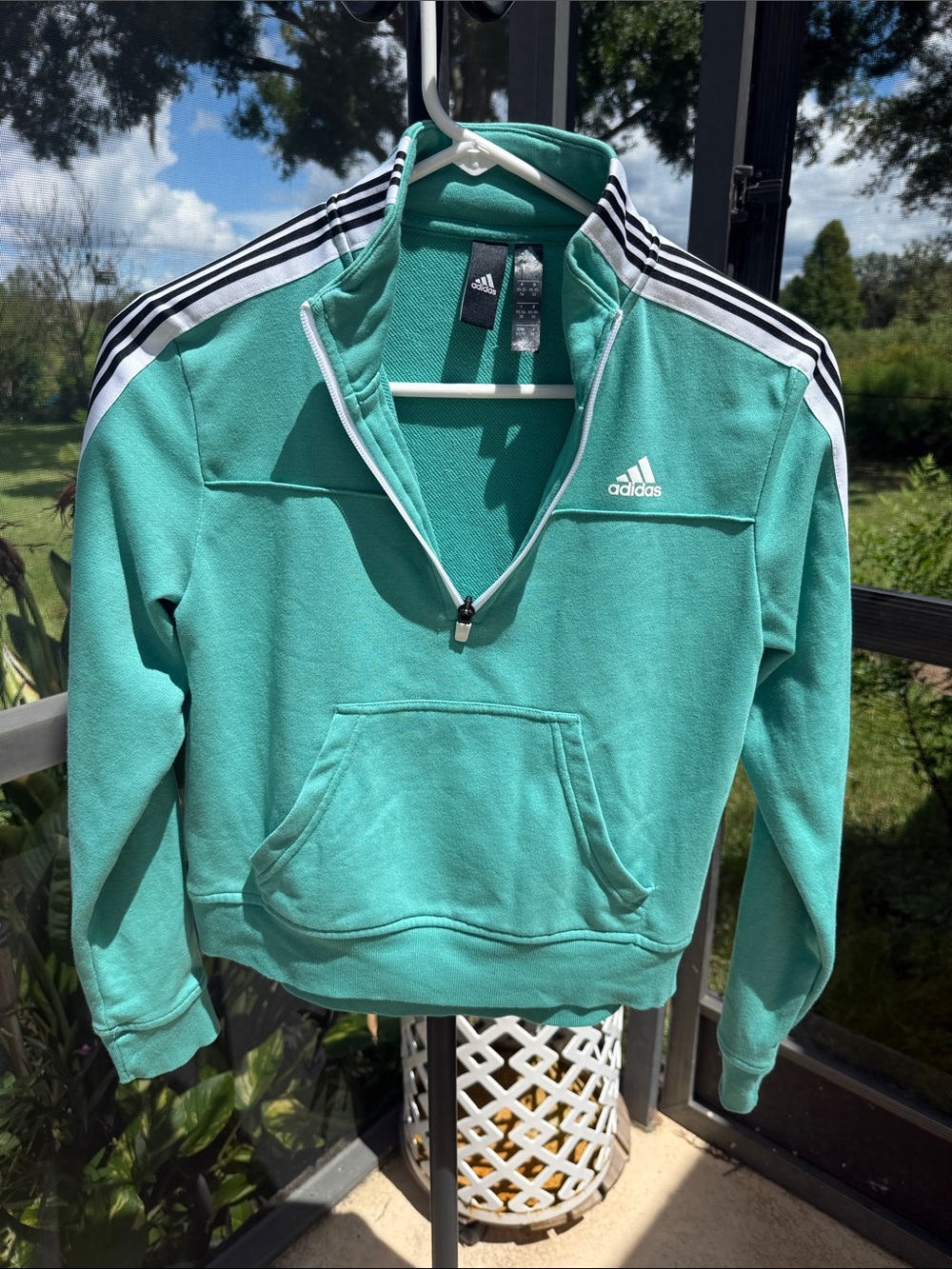 adidas Teal Half-Zip crop Pullover with White Stripes